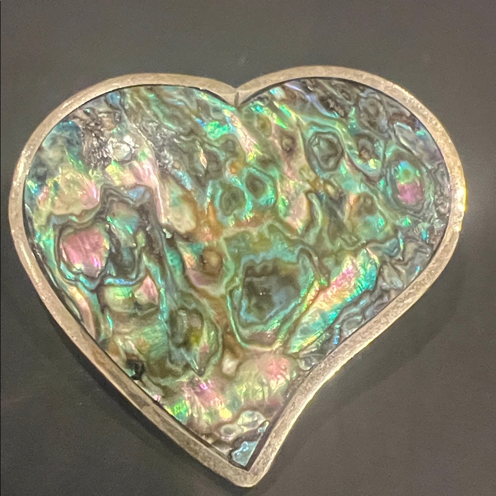 Heart-Shaped Abalone Shell Brooch - Iridescent Green Accent